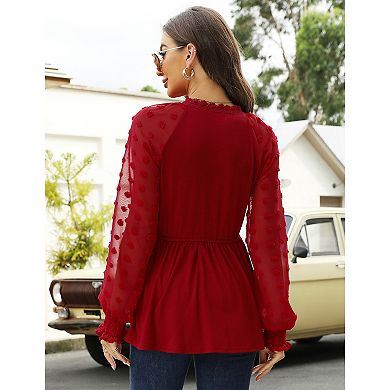 Women’s Long Sleeve Tunic Tops V Neck Swiss Dot Sleeve Casual Blouses T Shirts