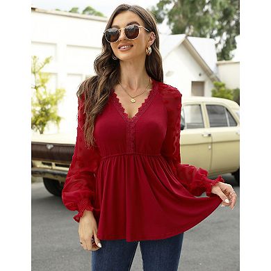 Women’s Long Sleeve Tunic Tops V Neck Swiss Dot Sleeve Casual Blouses T Shirts