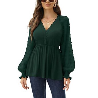 Women’s Long Sleeve Tunic Tops V Neck Swiss Dot Sleeve Casual Blouses T Shirts