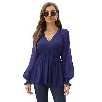Women’s Long Sleeve Tunic Tops V Neck Swiss Dot Sleeve Casual Blouses T Shirts
