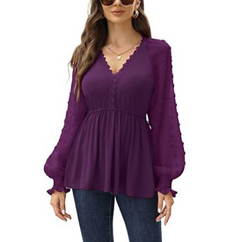 Women’s Long Sleeve Tunic Tops V Neck Swiss Dot Sleeve Casual Blouses T Shirts
