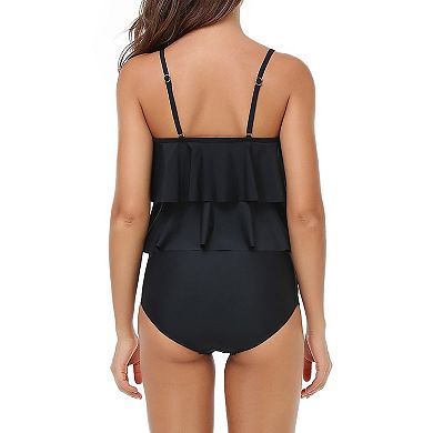 Women Flamingo Swimsuit Two Piece Ruffle Vintage Tankini Set Ruched Swim Bottom Bathing Suit