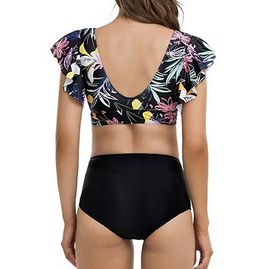 Women Flamingo Swimsuit Two Piece Ruffle Vintage Tankini Set Ruched Swim Bottom Bathing Suit