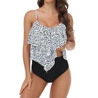 Women Flamingo Swimsuit Two Piece Ruffle Vintage Tankini Set Ruched Swim Bottom Bathing Suit