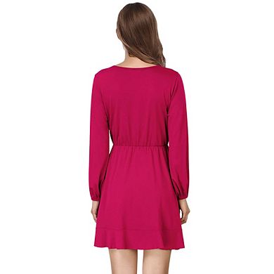 Women's V Neck Long Sleeve Wrap Dresses Ruffle A-line Tunic Party Mini Dress