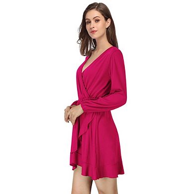 Women's V Neck Long Sleeve Wrap Dresses Ruffle A-line Tunic Party Mini Dress