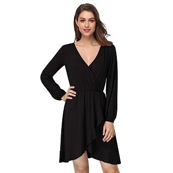 Women's V Neck Long Sleeve Wrap Dresses Ruffle A-line Tunic Party Mini Dress
