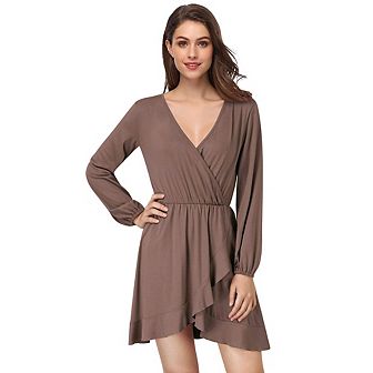 Women's V Neck Long Sleeve Wrap Dresses Ruffle A-line Tunic Party Mini Dress