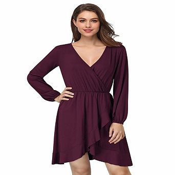 Women's V Neck Long Sleeve Wrap Dresses Ruffle A-line Tunic Party Mini Dress