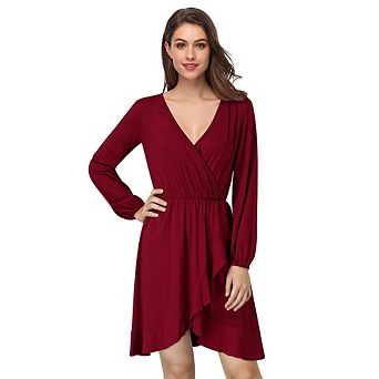 Women's V Neck Long Sleeve Wrap Dresses Ruffle A-line Tunic Party Mini Dress