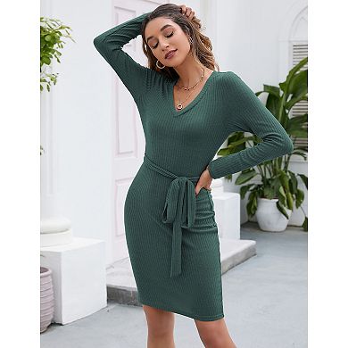 Women's V Neck Long Sleeve Dress Knit Ribbed Sweater Dress Bodycon Mini Dress