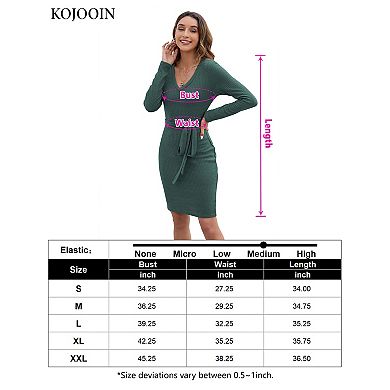 Women's V Neck Long Sleeve Dress Knit Ribbed Sweater Dress Bodycon Mini Dress