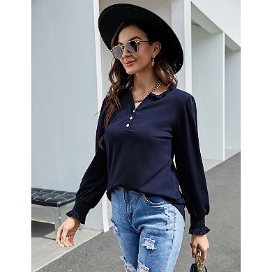 Womens V Neck Blouses Button Up Ruffle Tops Puff Long Sleeve Shirts Casual Tunics Dressy Blouses
