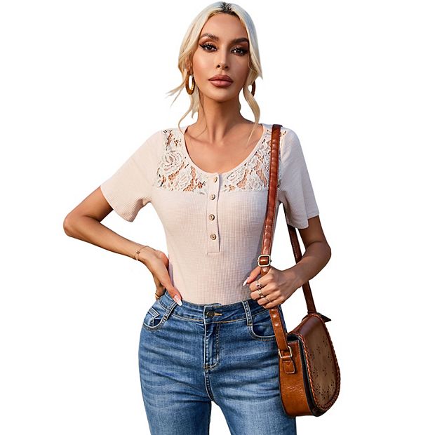 トップス L'Appartement HENLEY SHORT TOP Women's Short Sleeve Henley Shirts Ribbed Button Down Scoop