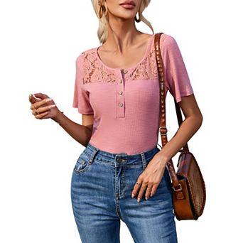 Women's Short Sleeve Henley Shirts Ribbed Button Down Scoop Neck Slim Fit Tops Ribbed Knit Blouse
