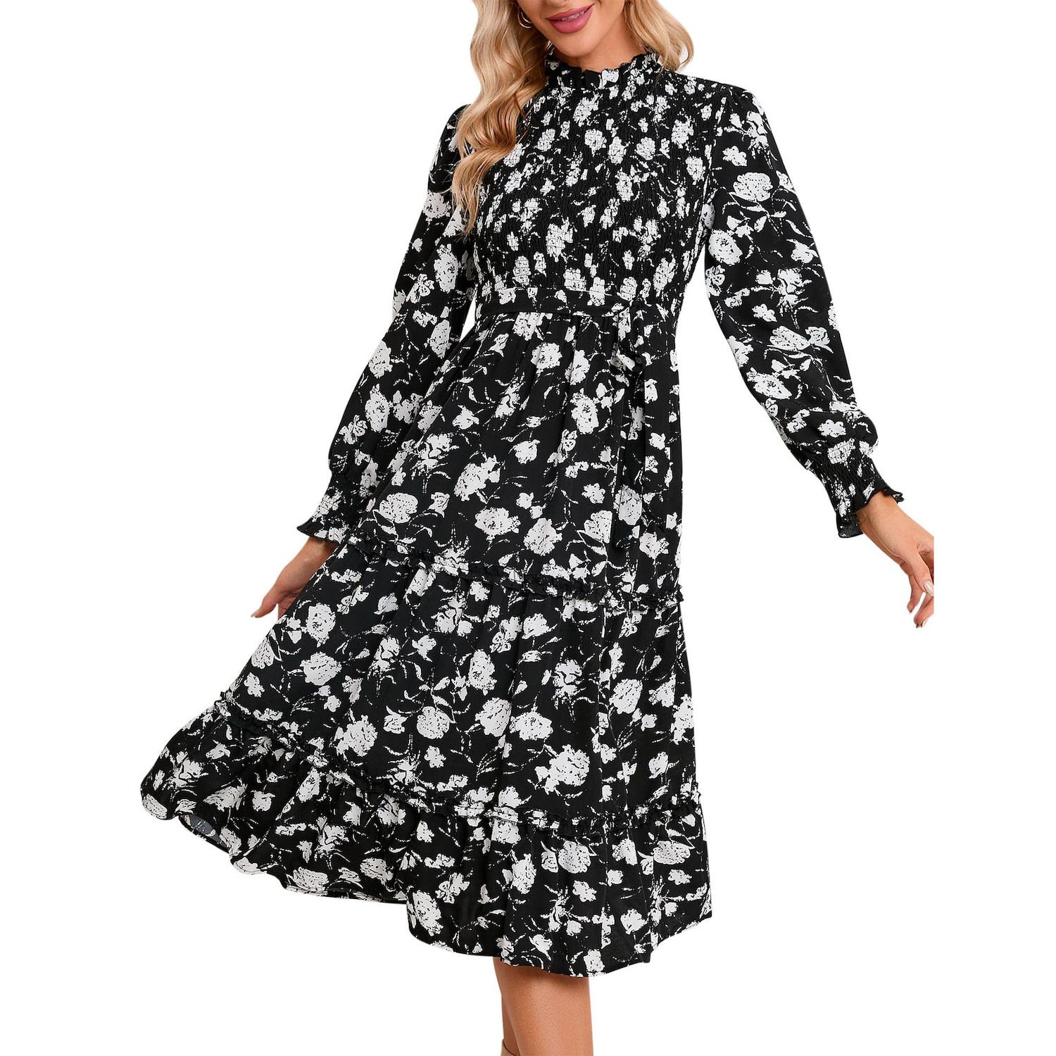 Women's Ruffle Mock Neck Long Sleeve Mini Dress Casual Smocked High Waist Ruffle Hem Bodycon Short Dresses