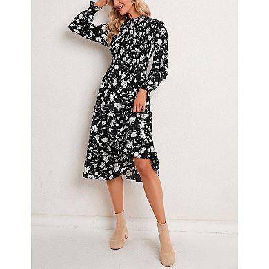 Women's Ruffle Mock Neck Long Sleeve Smocked Casual Floral Printed Elastic Waist Tiered Midi Dress