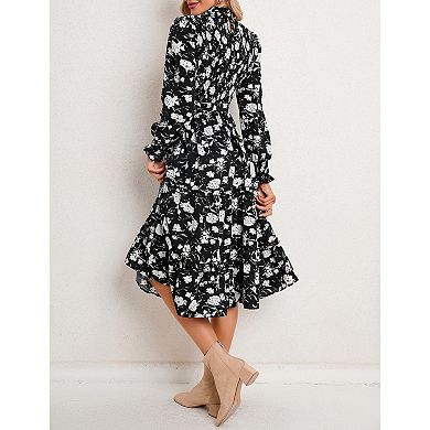 Women's Ruffle Mock Neck Long Sleeve Smocked Casual Floral Printed Elastic Waist Tiered Midi Dress