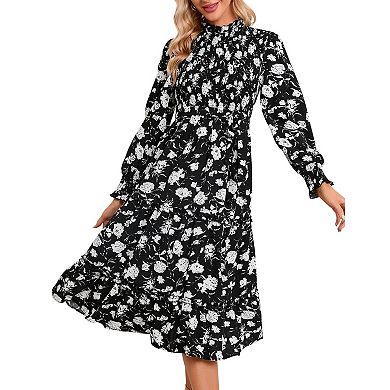 Women's Ruffle Mock Neck Long Sleeve Smocked Casual Floral Printed Elastic Waist Tiered Midi Dress