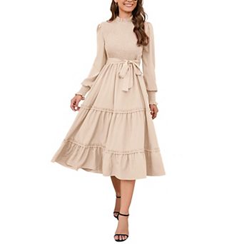 Women's Ruffle Mock Neck Long Sleeve Smocked Casual Floral Printed Elastic Waist Tiered Midi Dress