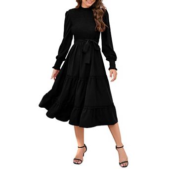 Women's Ruffle Mock Neck Long Sleeve Smocked Casual Floral Printed Elastic Waist Tiered Midi Dress