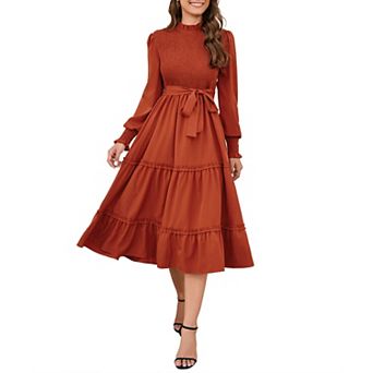 Women's Ruffle Mock Neck Long Sleeve Smocked Casual Floral Printed Elastic Waist Tiered Midi Dress