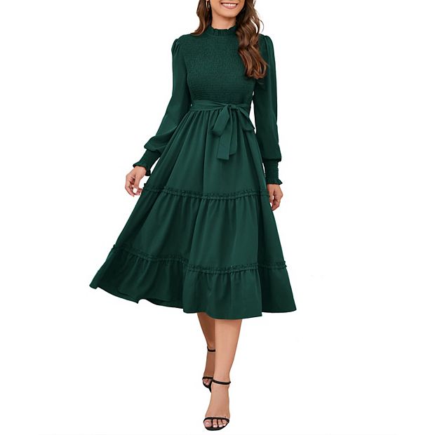Women s Casual Ruffle Mock Neck Long Sleeve Smocked Floral Print Midi Dress