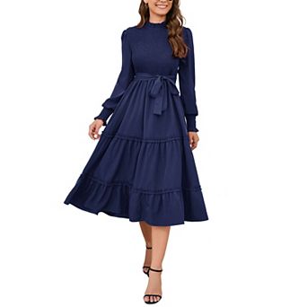 Women's Ruffle Mock Neck Long Sleeve Smocked Casual Floral Printed Elastic Waist Tiered Midi Dress