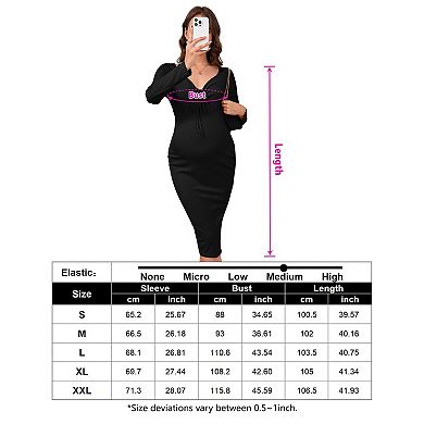 Maternity Ribbed Knit Dress V Neck Adjustable Drawstring Halter Tie Long Sleeve Side Slit Midi Dress