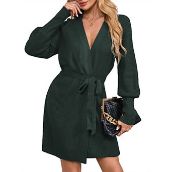 Maternity Ribbed Knit Dress V Neck Adjustable Drawstring Halter Tie Long Sleeve Side Slit Midi Dress