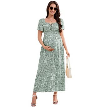 Maternity Maxi Dress Square Neck, Tie Front & Flutter Sleeves for Baby Shower & Summer