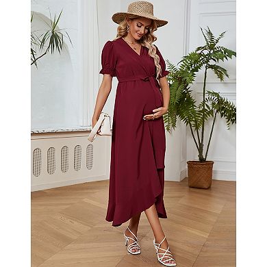 Women's Short Sleeve Maternity Dress Summer Floral V-neck Ruffle Maxi Dress