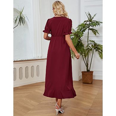 Women's Short Sleeve Maternity Dress Summer Floral V-neck Ruffle Maxi Dress