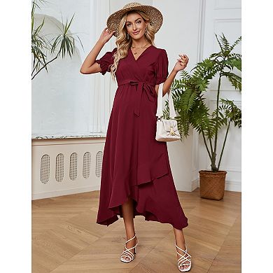 Women's Short Sleeve Maternity Dress Summer Floral V-neck Ruffle Maxi Dress