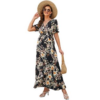 Women's Short Sleeve Maternity Dress Summer Floral V-neck Ruffle Maxi Dress