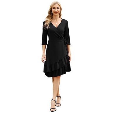 Women's Wrap Dress,3/4 Sleeve Midi Dresses A-line Floral Flowy With Belt Party Dress