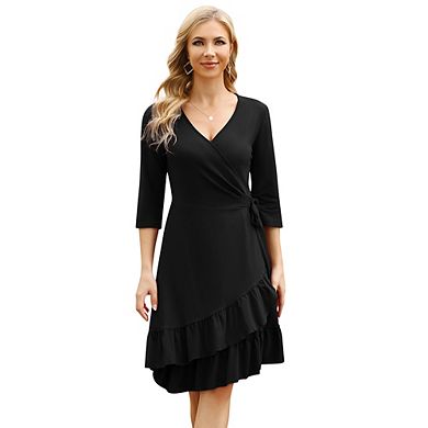 Women's Wrap Dress,3/4 Sleeve Midi Dresses A-line Floral Flowy With Belt Party Dress