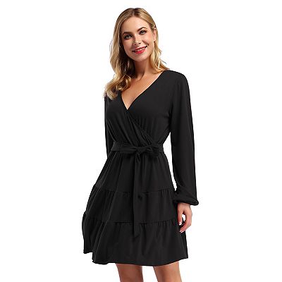 Women s Wrap Fit And Flare Dress Lantern Sleeve Layered Mini Dress