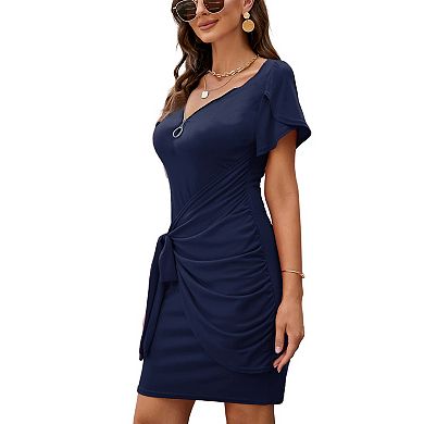 Womens 2023 Summer Short Sleeve T Shirt Dress Casual V Neck Ruched Bodycon Tie Waist Mini Dresses