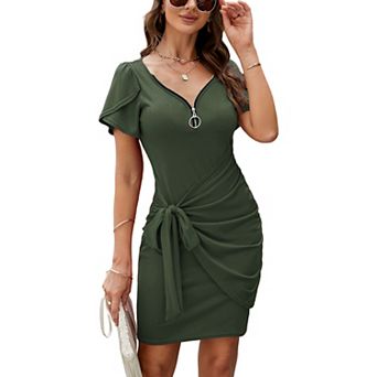 Womens Summer Short Sleeve T Shirt Dress Casual V Neck Ruched Bodycon Tie Waist Mini Dresses