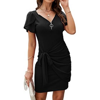 Womens Summer Short Sleeve T Shirt Dress Casual V Neck Ruched Bodycon Tie Waist Mini Dresses