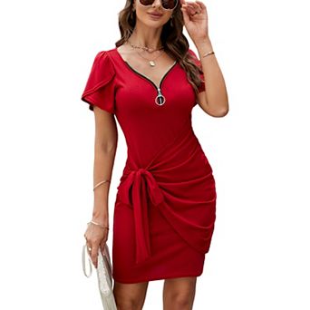 Womens Summer Short Sleeve T Shirt Dress Casual V Neck Ruched Bodycon Tie Waist Mini Dresses