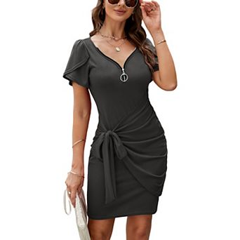 Womens Summer Short Sleeve T Shirt Dress Casual V Neck Ruched Bodycon Tie Waist Mini Dresses