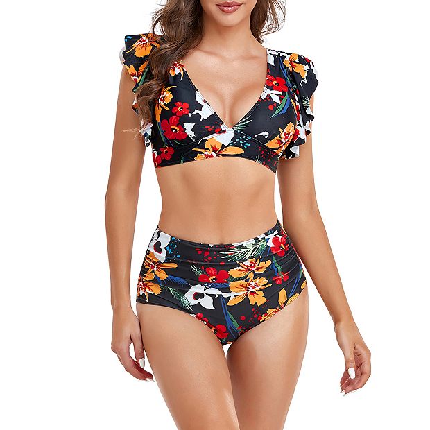 Two Piece Bikini Set For Women Ruffle Sleeve Swimsuits Floral