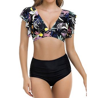 Women Ruffle Sleeve Swimsuits Floral Bathing Suit Swimwear with Bottom 2 pc Bikini Set
