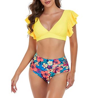 Women Ruffle Sleeve Swimsuits Floral Bathing Suit Swimwear with Bottom 2 pc Bikini Set