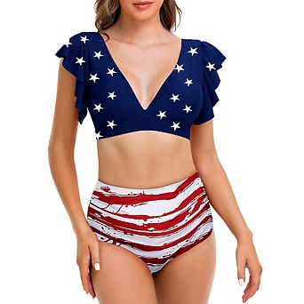 Women Ruffle Sleeve Swimsuits Floral Bathing Suit Swimwear with Bottom 2 pc Bikini Set