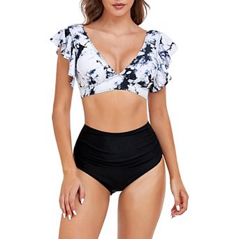Women Ruffle Sleeve Swimsuits Floral Bathing Suit Swimwear with Bottom 2 pc Bikini Set