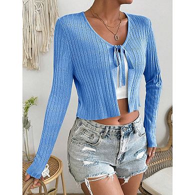 Women's 3/4 Sleeve Cropped Cardigan Sweaters Open Front Hollow Out Knit Bolero Shrugs