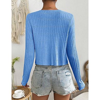 Women's 3/4 Sleeve Cropped Cardigan Sweaters Open Front Hollow Out Knit Bolero Shrugs